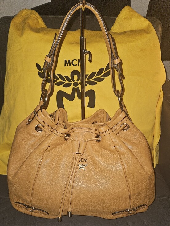 MCM Handbags - MCM Tan Leather Drawstring Shoulder Bag